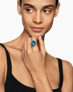 Albion® Oval Ring 18K Yellow Gold with Hampton Blue Topaz and Diamonds, 21mm