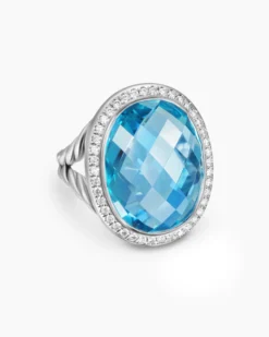 Albion® Oval Ring Sterling Silver with Blue Topaz and Diamonds, 21mm