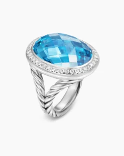 Albion® Oval Ring Sterling Silver with Blue Topaz and Diamonds, 21mm
