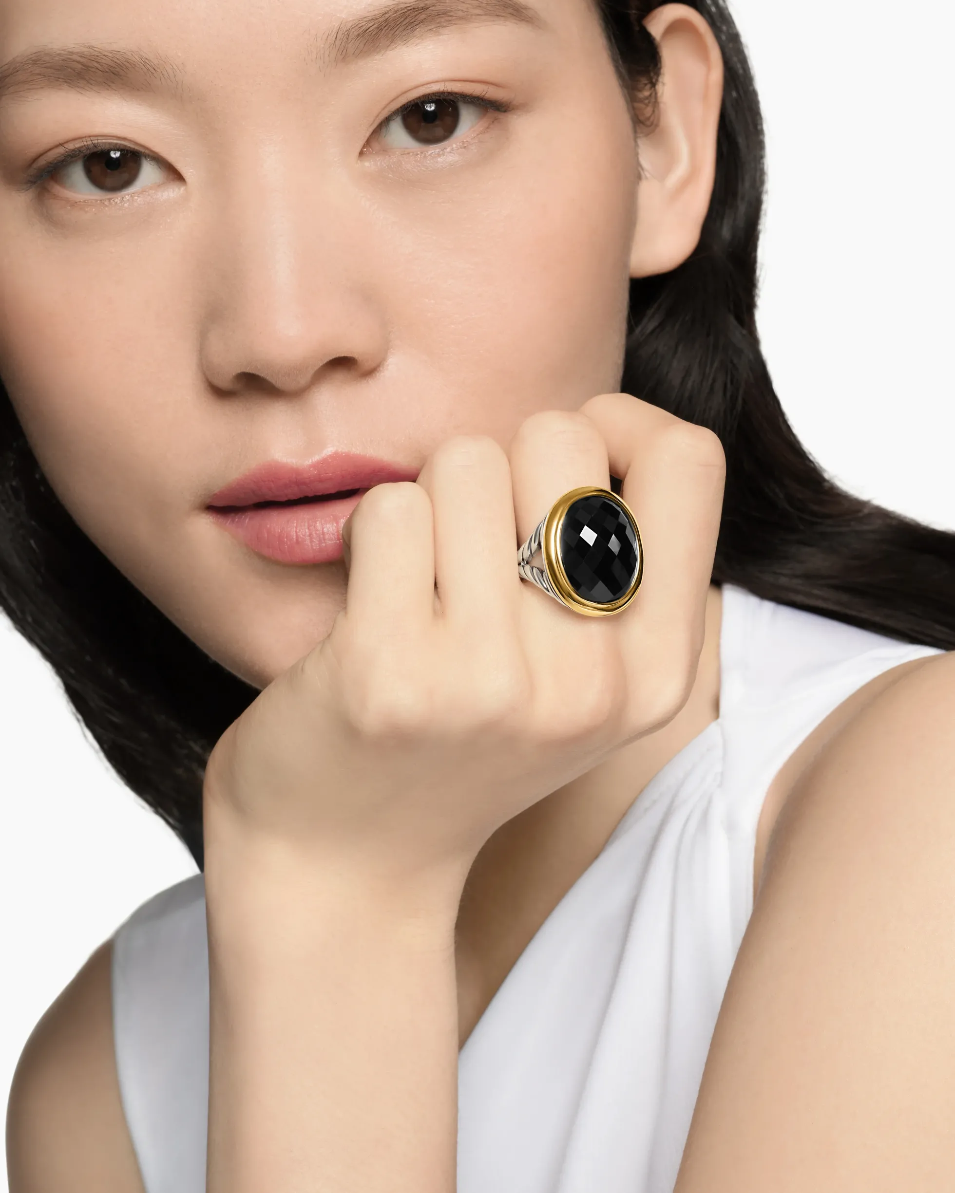 Albion® Oval Ring Sterling Silver with 18K Yellow Gold and Black Onyx, 21mm