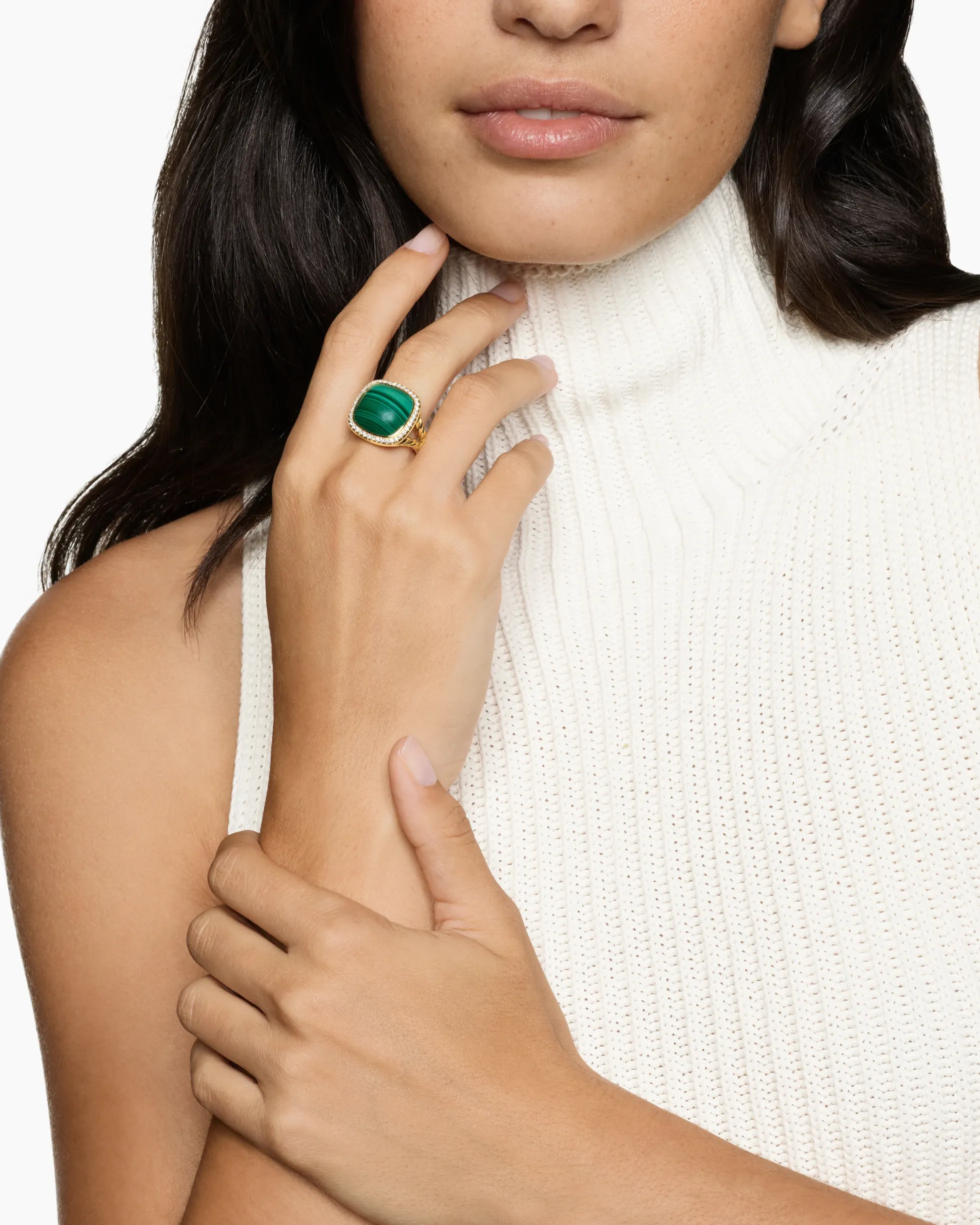 Albion® Ring 18K Yellow Gold with Malachite and Diamonds, 15mm