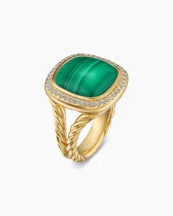 Albion® Ring 18K Yellow Gold with Malachite and Diamonds, 15mm