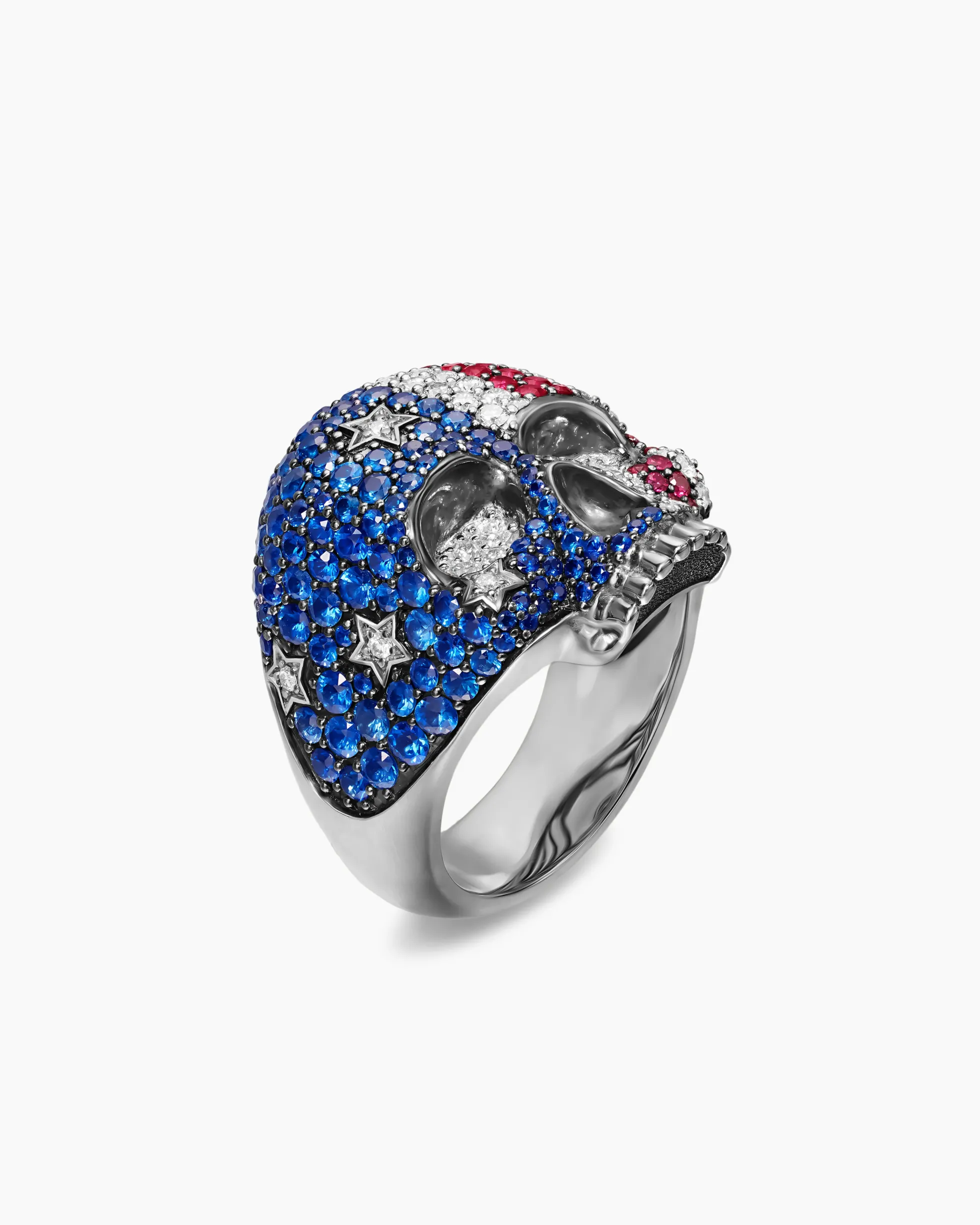 American Flag Pavé Skull Ring Sterling Silver with Sapphires, Diamonds and Rubies, 25.3mm