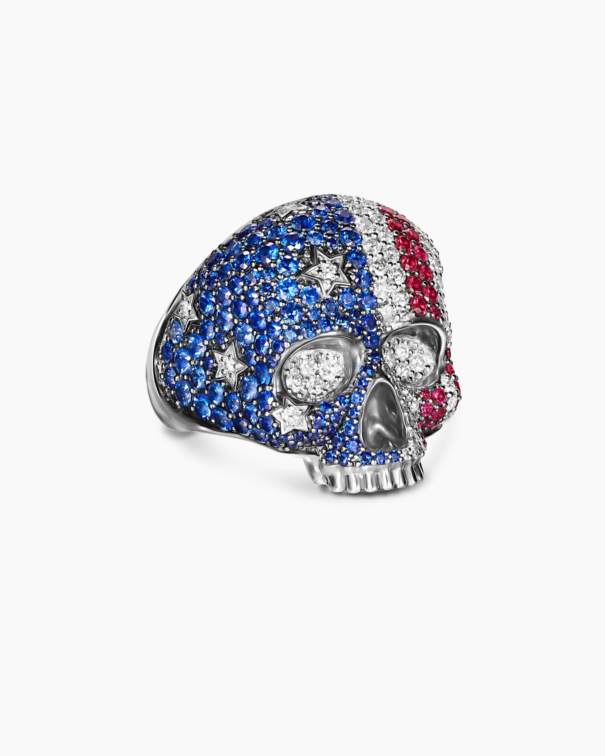 American Flag Pavé Skull Ring Sterling Silver with Sapphires, Diamonds and Rubies, 25.3mm