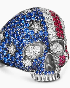 American Flag Pavé Skull Ring Sterling Silver with Sapphires, Diamonds and Rubies, 25.3mm