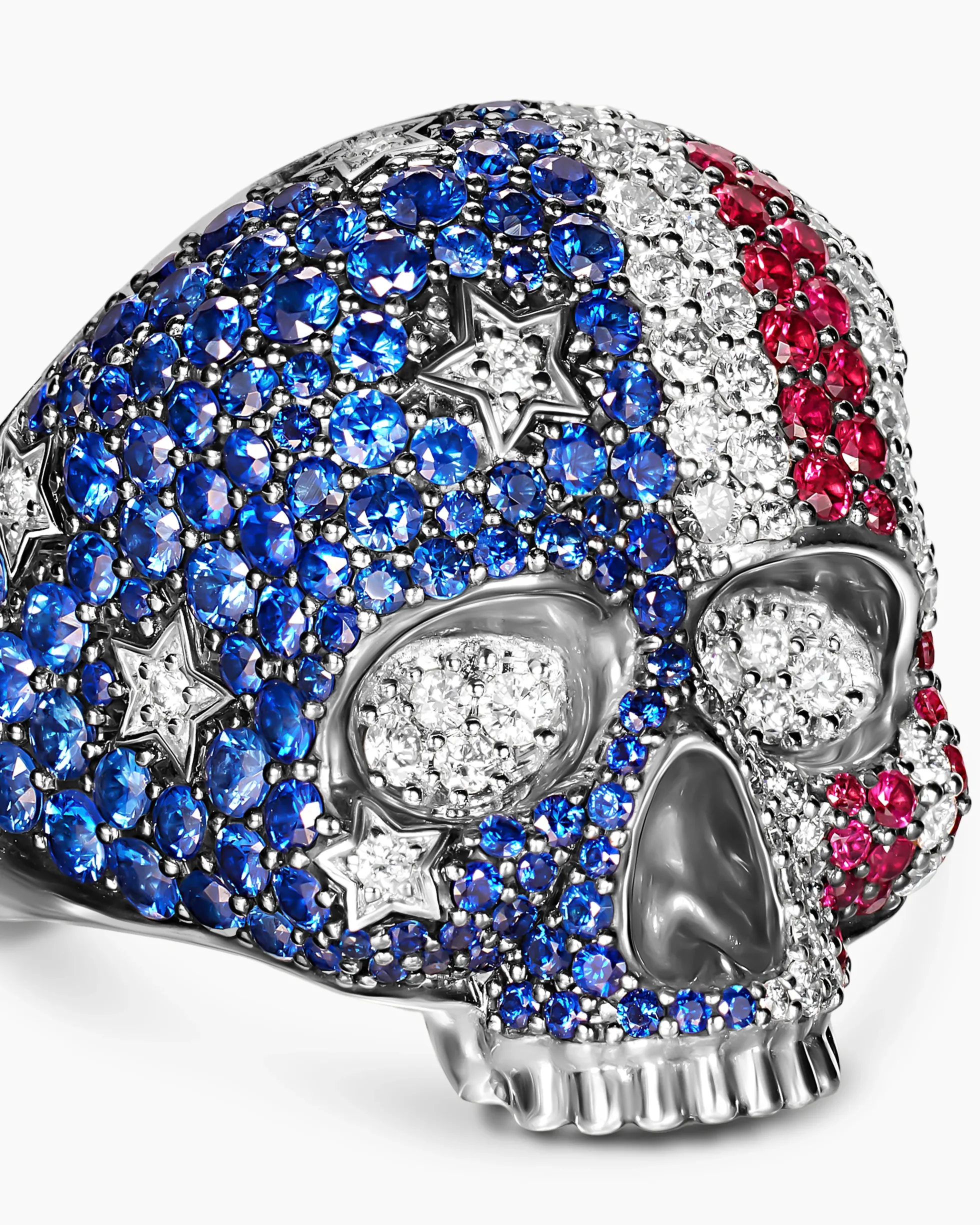 American Flag Pavé Skull Ring Sterling Silver with Sapphires, Diamonds and Rubies, 25.3mm