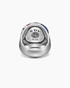 American Flag Pavé Skull Ring Sterling Silver with Sapphires, Diamonds and Rubies, 25.3mm