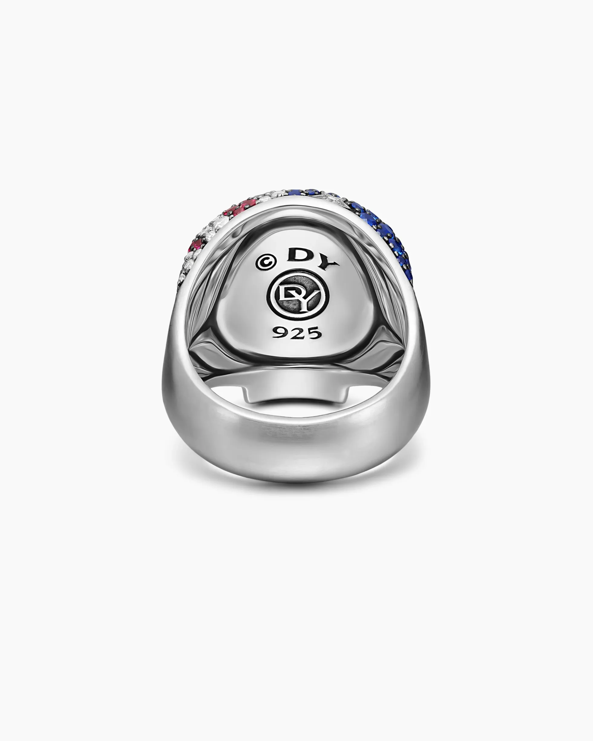 American Flag Pavé Skull Ring Sterling Silver with Sapphires, Diamonds and Rubies, 25.3mm