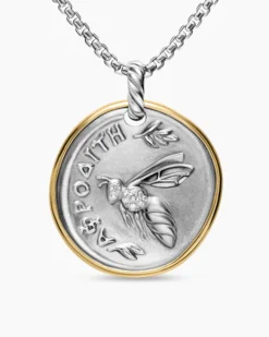 Aphrodite Medallion Amulet Sterling Silver with 14K Yellow Gold and Diamonds, 29.5mm