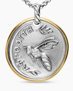 Aphrodite Medallion Amulet Sterling Silver with 14K Yellow Gold and Diamonds, 29.5mm