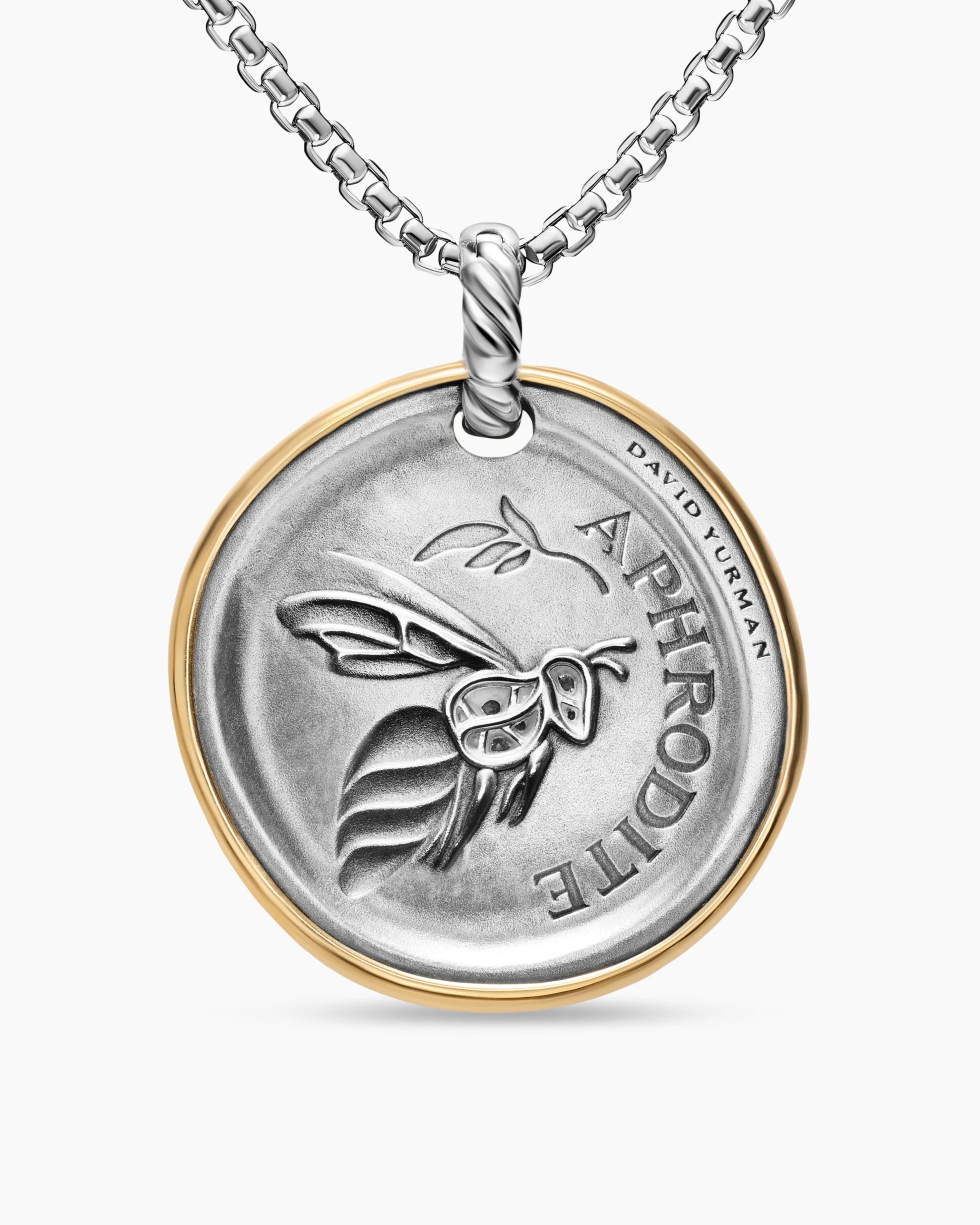 Aphrodite Medallion Amulet Sterling Silver with 14K Yellow Gold and Diamonds, 29.5mm