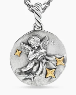 Aquarius Amulet Sterling Silver with 18K Yellow Gold and Diamonds, 19mm