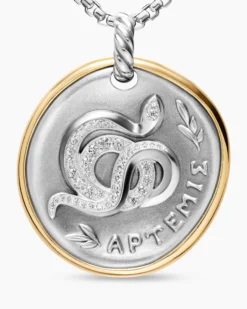 Artemis Medallion Amulet Sterling Silver with 14K Yellow Gold and Diamonds, 29.5mm