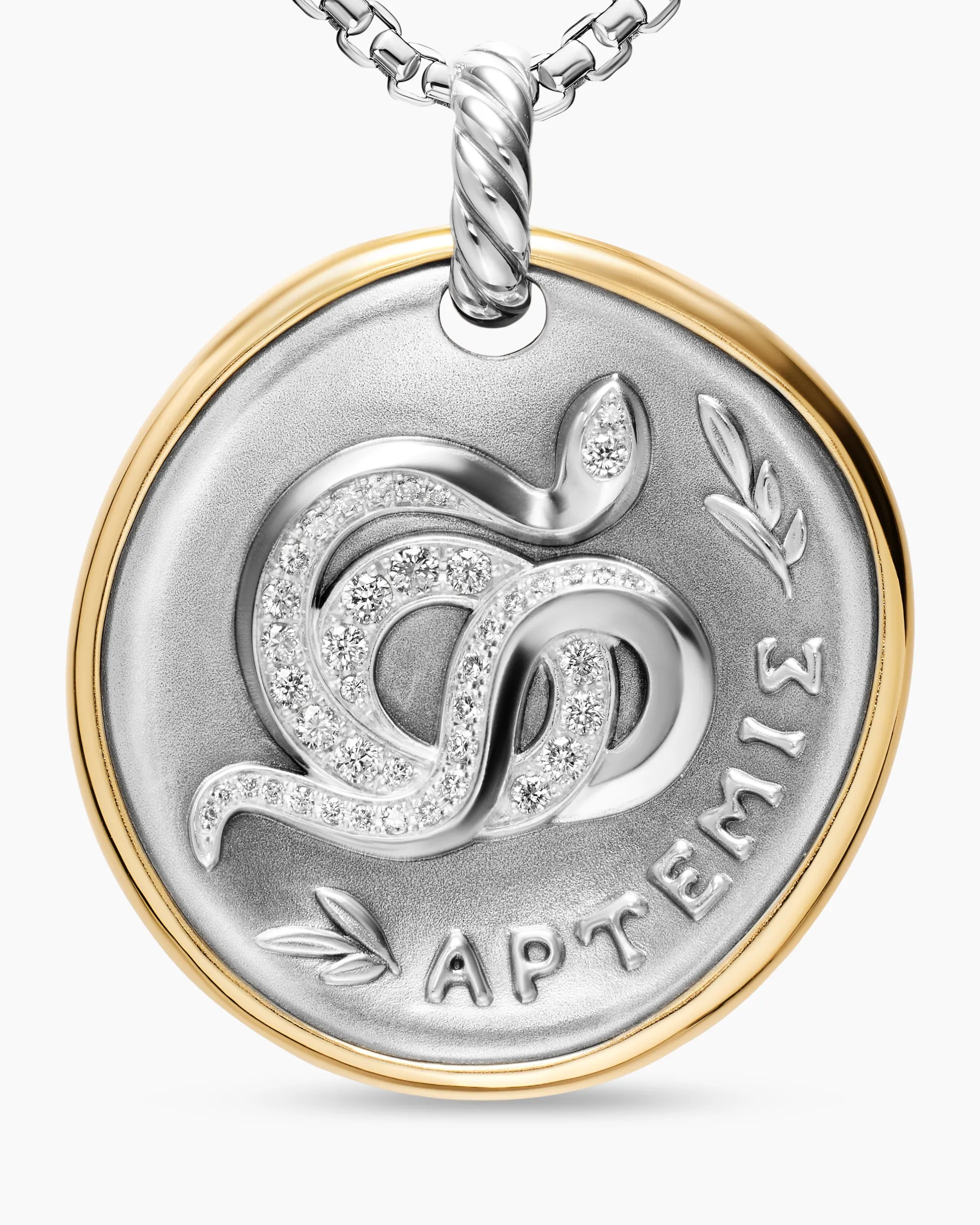 Artemis Medallion Amulet Sterling Silver with 14K Yellow Gold and Diamonds, 29.5mm