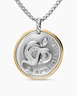 Artemis Medallion Amulet Sterling Silver with 14K Yellow Gold and Diamonds, 29.5mm
