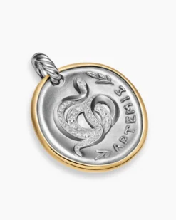 Artemis Medallion Amulet Sterling Silver with 14K Yellow Gold and Diamonds, 29.5mm