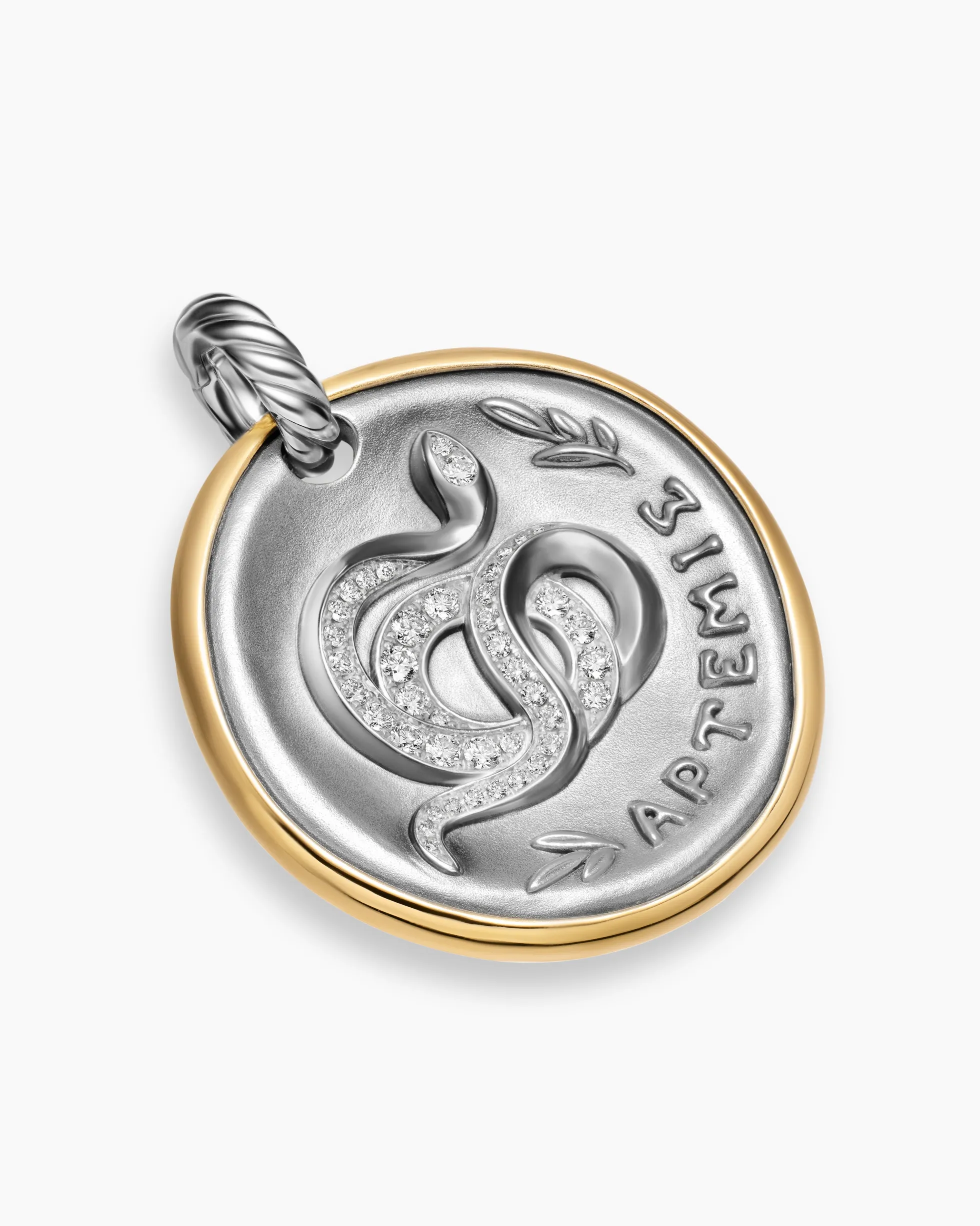 Artemis Medallion Amulet Sterling Silver with 14K Yellow Gold and Diamonds, 29.5mm
