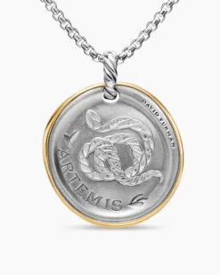 Artemis Medallion Amulet Sterling Silver with 14K Yellow Gold and Diamonds, 29.5mm