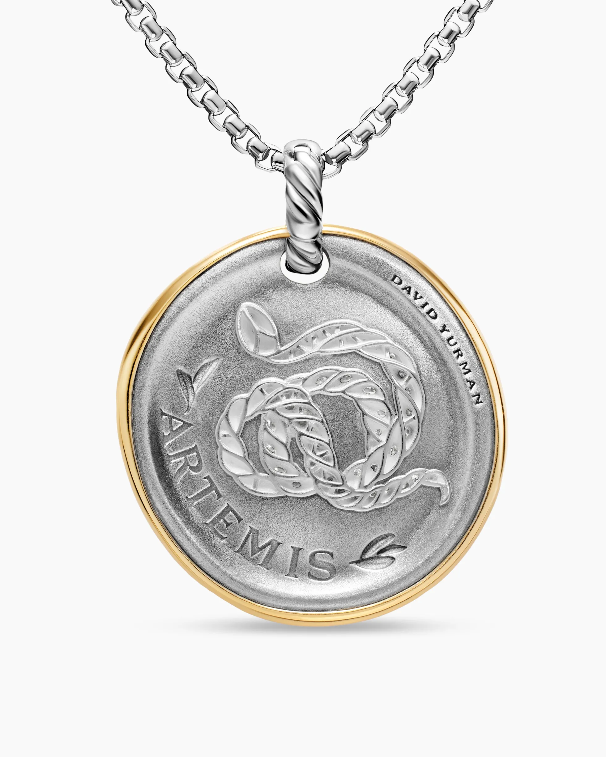 Artemis Medallion Amulet Sterling Silver with 14K Yellow Gold and Diamonds, 29.5mm