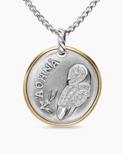 Athena Medallion Amulet Sterling Silver with 14K Yellow Gold and Diamonds, 29.5mm