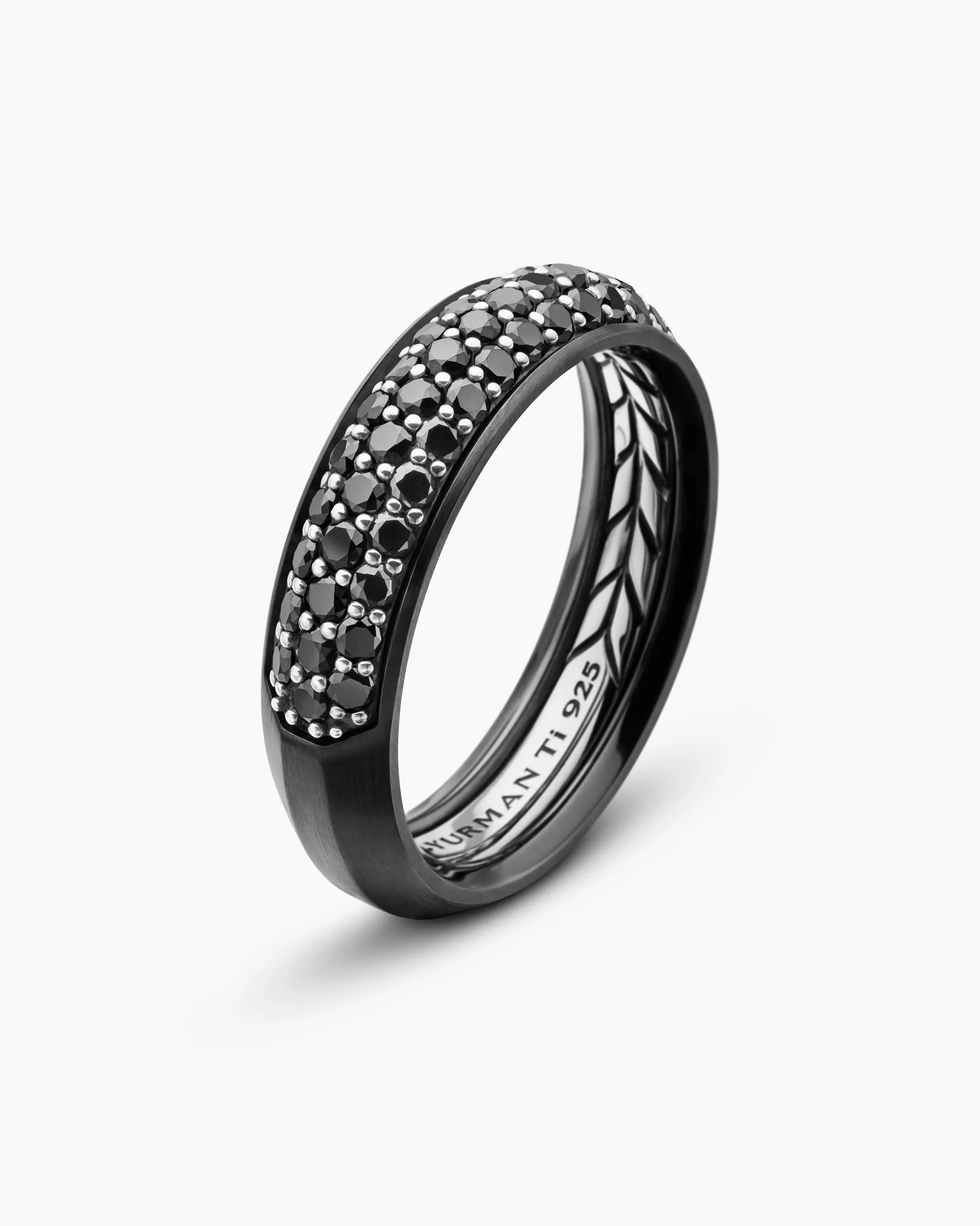 Beveled Band Ring Black Titanium with Half Pavé Black Diamonds, 6mm