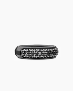 Beveled Band Ring Black Titanium with Half Pavé Black Diamonds, 6mm