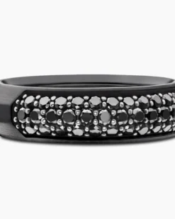 Beveled Band Ring Black Titanium with Half Pavé Black Diamonds, 6mm