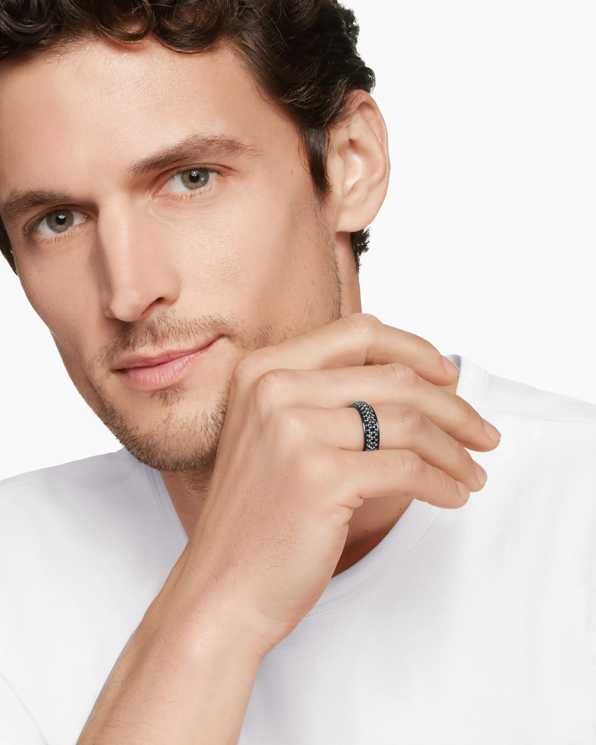 Beveled Band Ring Black Titanium with Half Pavé Black Diamonds, 6mm
