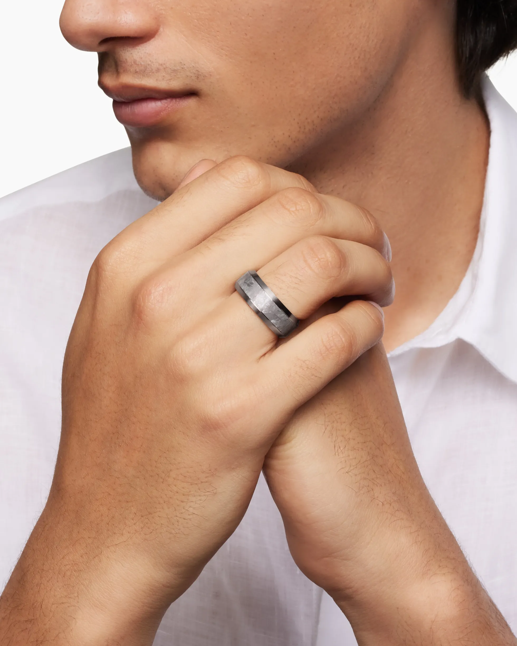 Beveled Band Ring Grey Titanium with Meteorite, 8.5mm