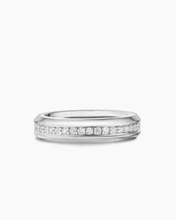 Beveled Band Ring 18K White Gold with Diamonds, 6mm