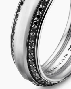 Beveled Band Ring 18K White Gold with Black Diamonds, 6mm