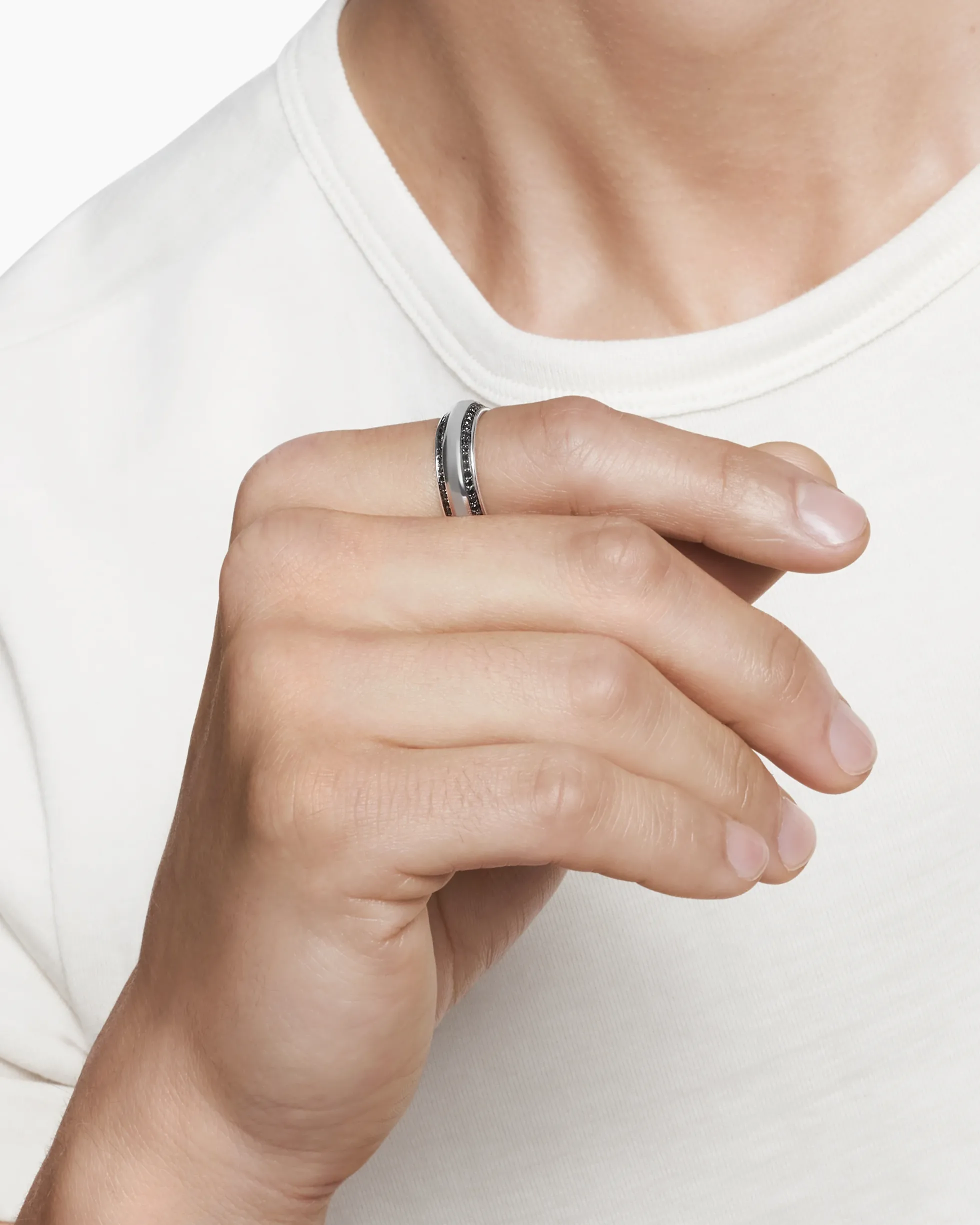 Beveled Band Ring 18K White Gold with Black Diamonds, 6mm