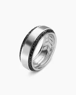 Beveled Band Ring 18K White Gold with Black Diamonds, 8mm