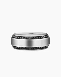 Beveled Band Ring 18K White Gold with Black Diamonds, 8mm