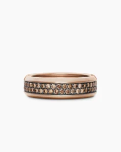 Beveled Two Row Band Ring 18K Rose Gold with Cognac Diamonds, 8mm