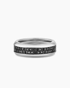 Beveled Two Row Band Ring 18K White Gold with Black Diamonds, 8mm
