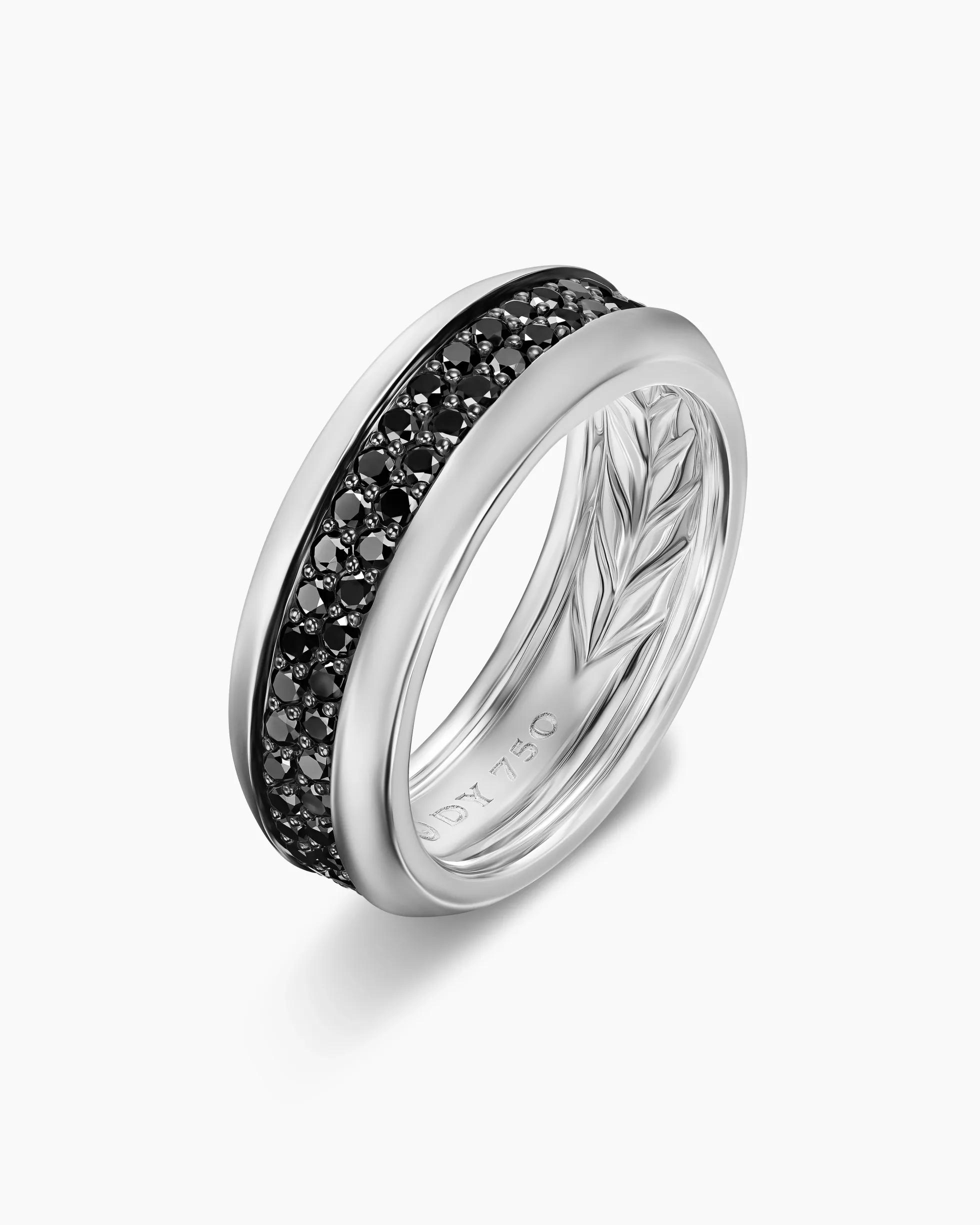 Beveled Two Row Band Ring 18K White Gold with Black Diamonds, 8mm