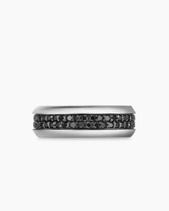 Beveled Two Row Band Ring 18K White Gold with Black Diamonds, 8mm