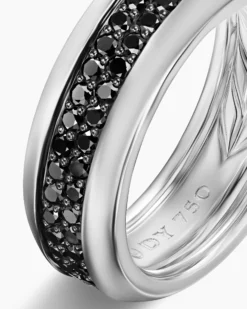 Beveled Two Row Band Ring 18K White Gold with Black Diamonds, 8mm