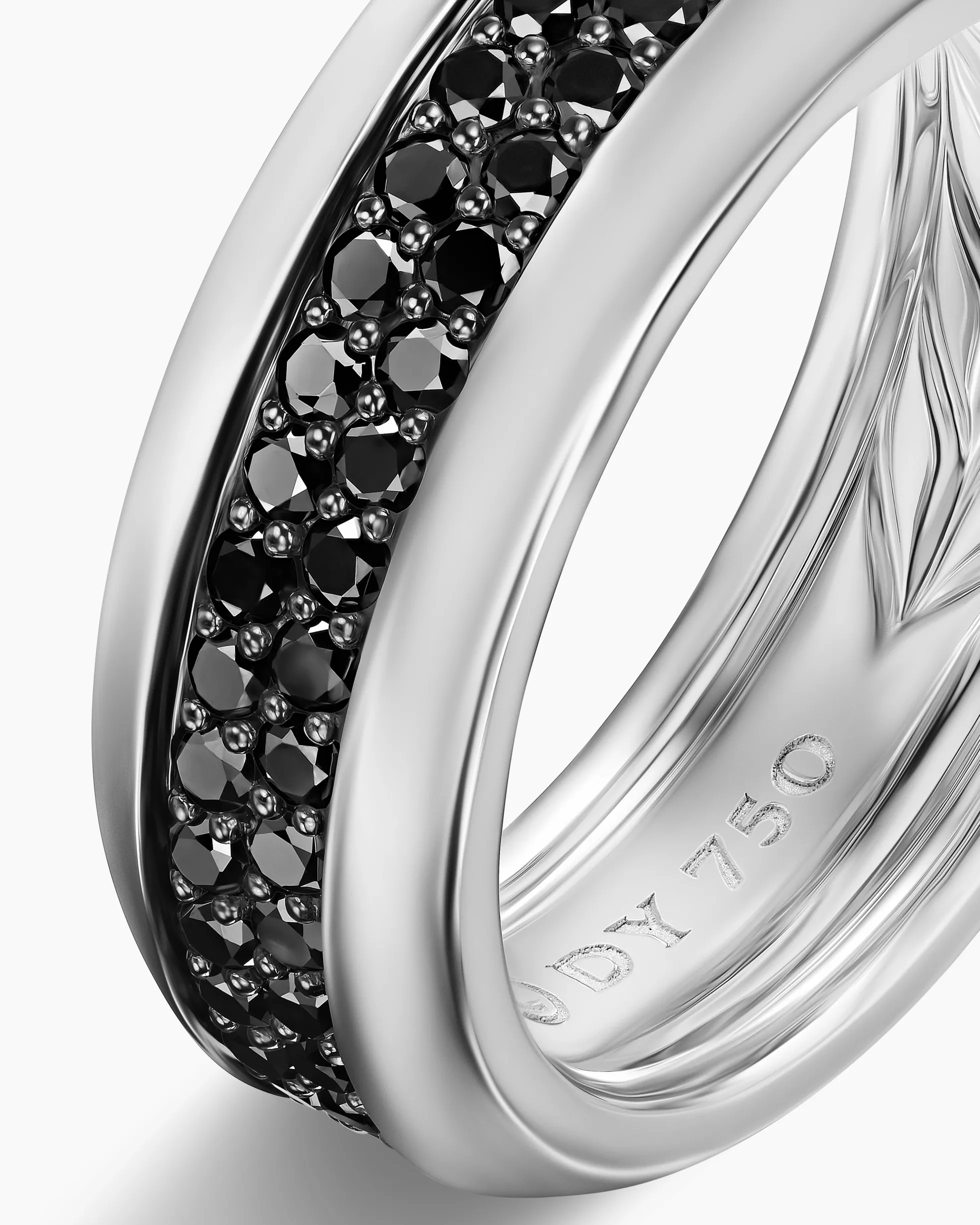 Beveled Two Row Band Ring 18K White Gold with Black Diamonds, 8mm