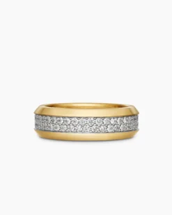 Beveled Two Row Band Ring 18K Yellow Gold with Diamonds, 8mm