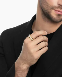 Beveled Two Row Band Ring 18K Yellow Gold with Diamonds, 8mm