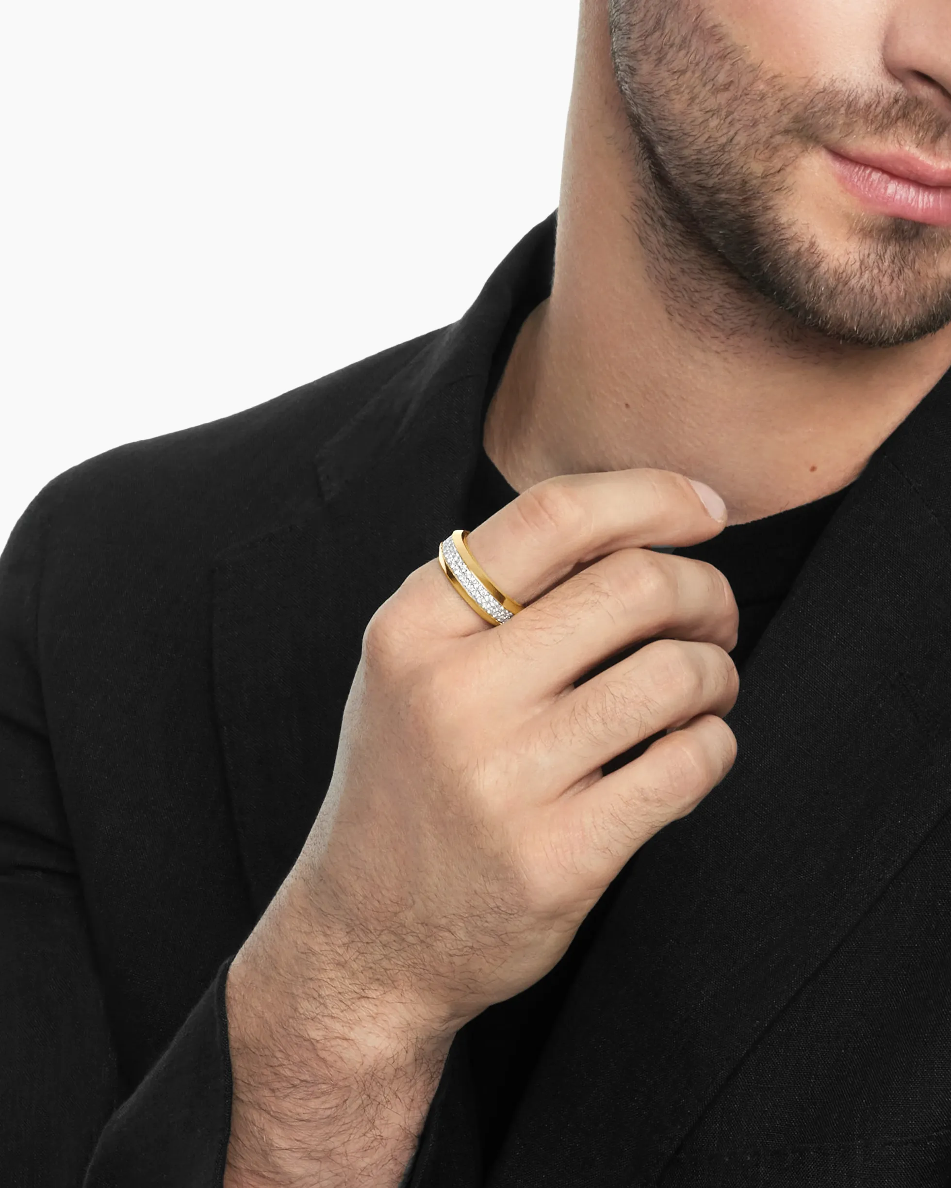 Beveled Two Row Band Ring 18K Yellow Gold with Diamonds, 8mm