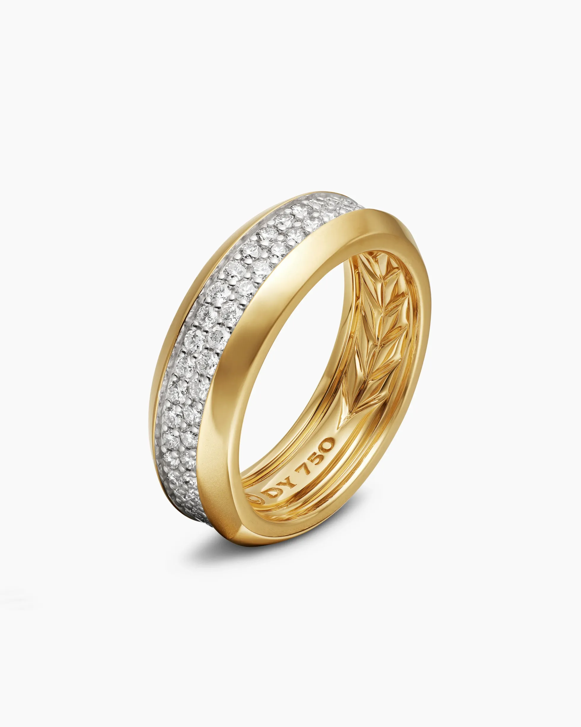 Beveled Two Row Band Ring 18K Yellow Gold with Diamonds, 8mm