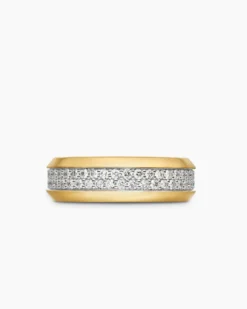 Beveled Two Row Band Ring 18K Yellow Gold with Diamonds, 8mm