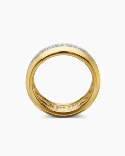 Beveled Two Row Band Ring 18K Yellow Gold with Diamonds, 8mm