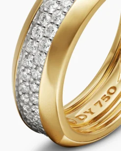 Beveled Two Row Band Ring 18K Yellow Gold with Diamonds, 8mm
