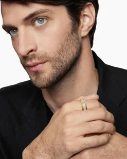 Beveled Two Row Band Ring 18K Yellow Gold with Diamonds, 8mm