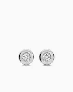 Bezel Set Stud Earrings Sterling Silver with Diamonds, 6.4mm
