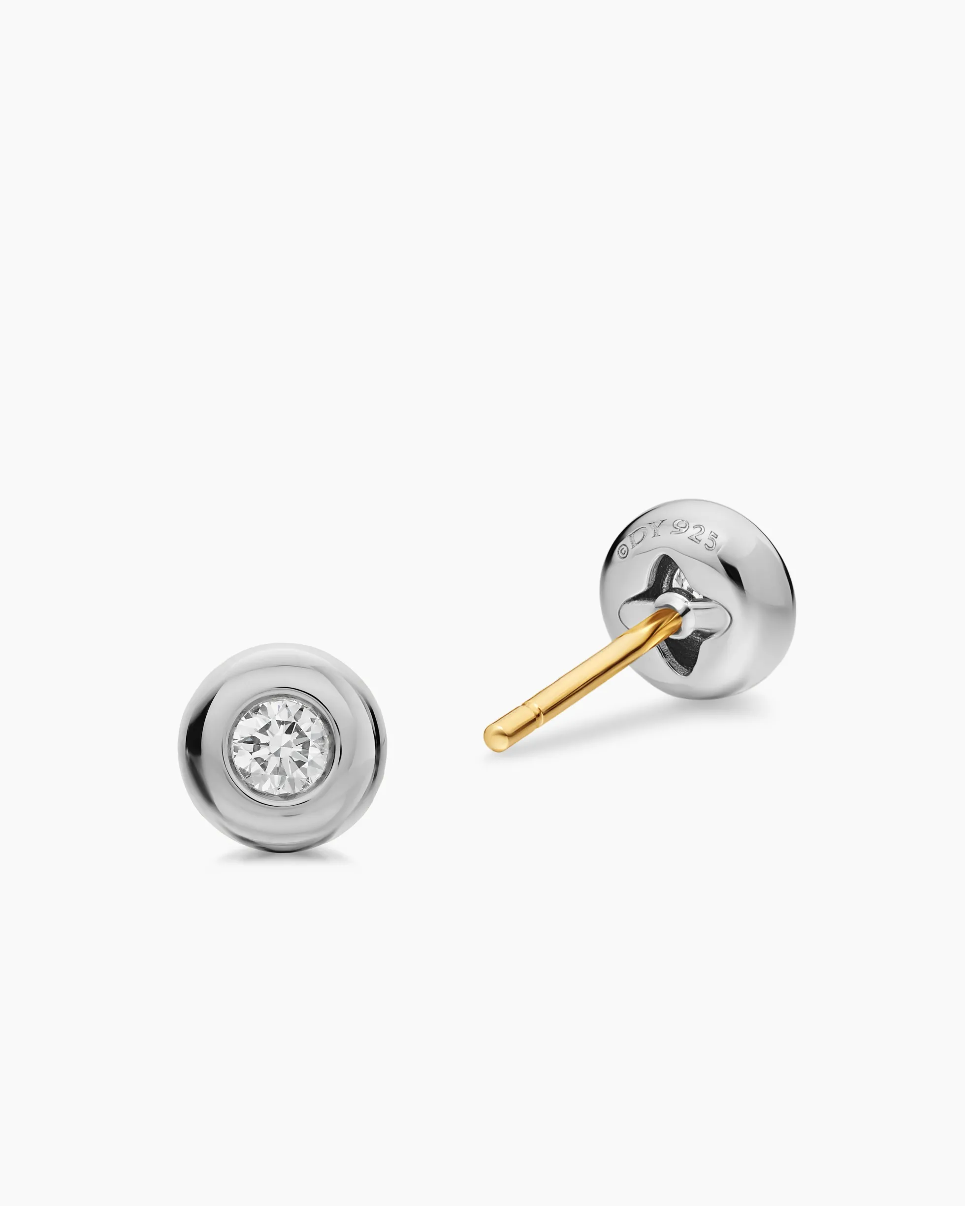 Bezel Set Stud Earrings Sterling Silver with Diamonds, 6.4mm
